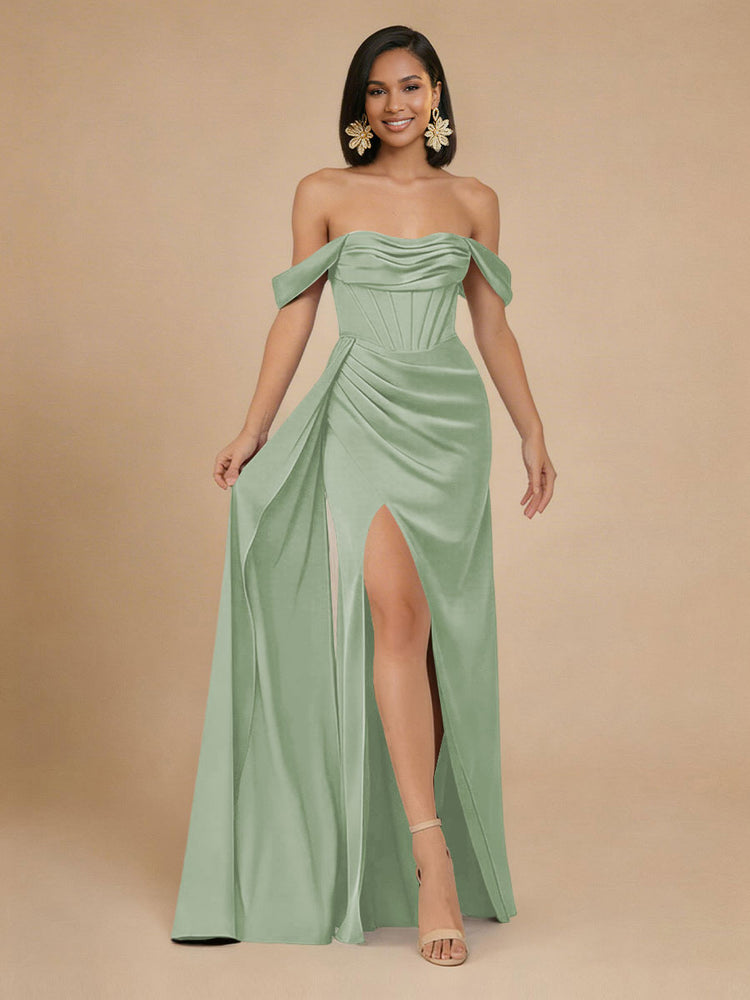Satin Mermaid Off the Shoulder Long Bridesmaid Dresses with Side Slit