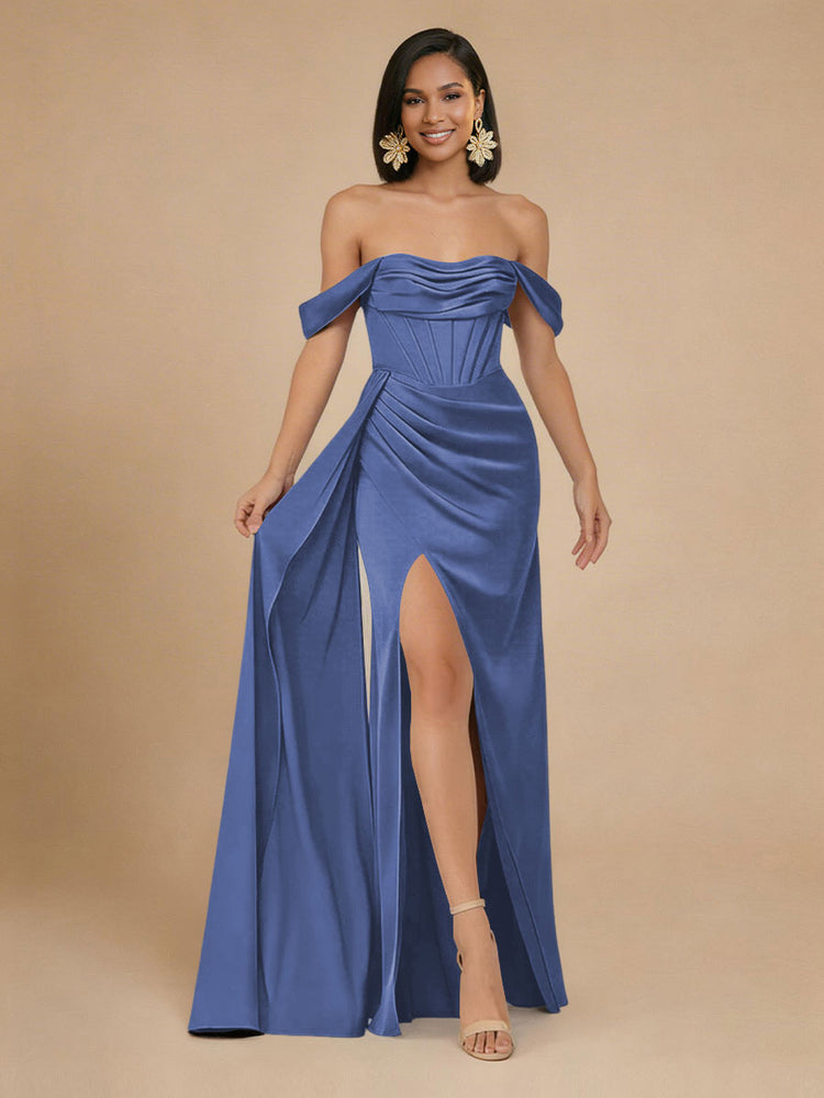 Satin Mermaid Off the Shoulder Long Bridesmaid Dresses with Side Slit