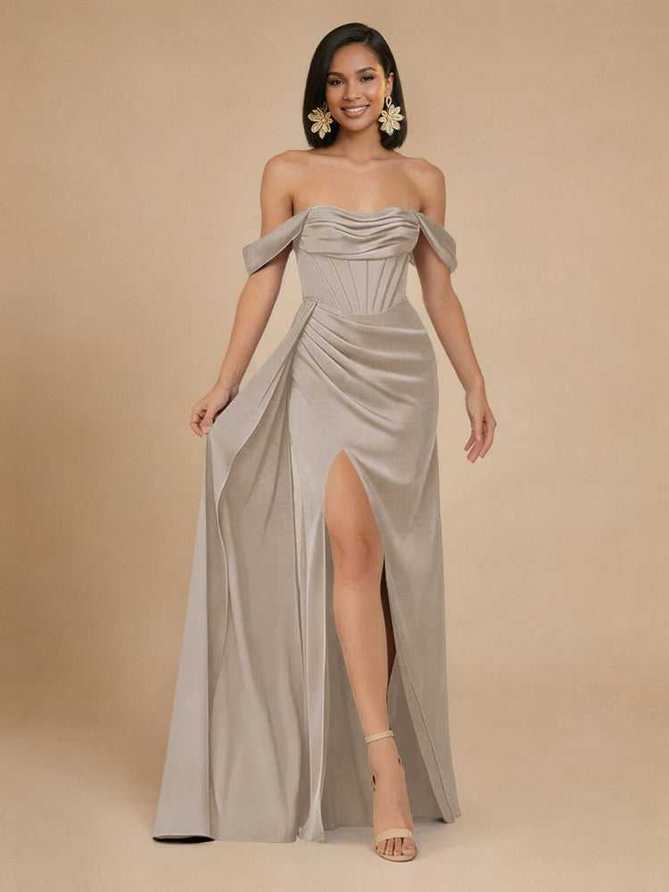 Satin Mermaid Off the Shoulder Long Bridesmaid Dresses with Side Slit