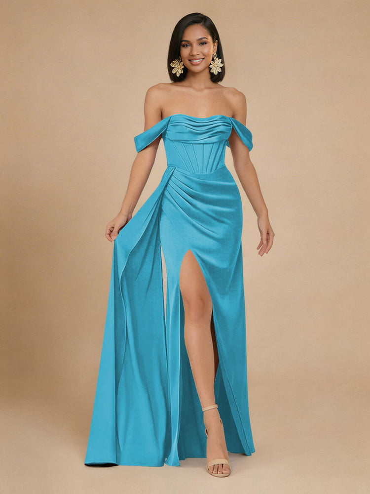 Satin Mermaid Off the Shoulder Long Bridesmaid Dresses with Side Slit