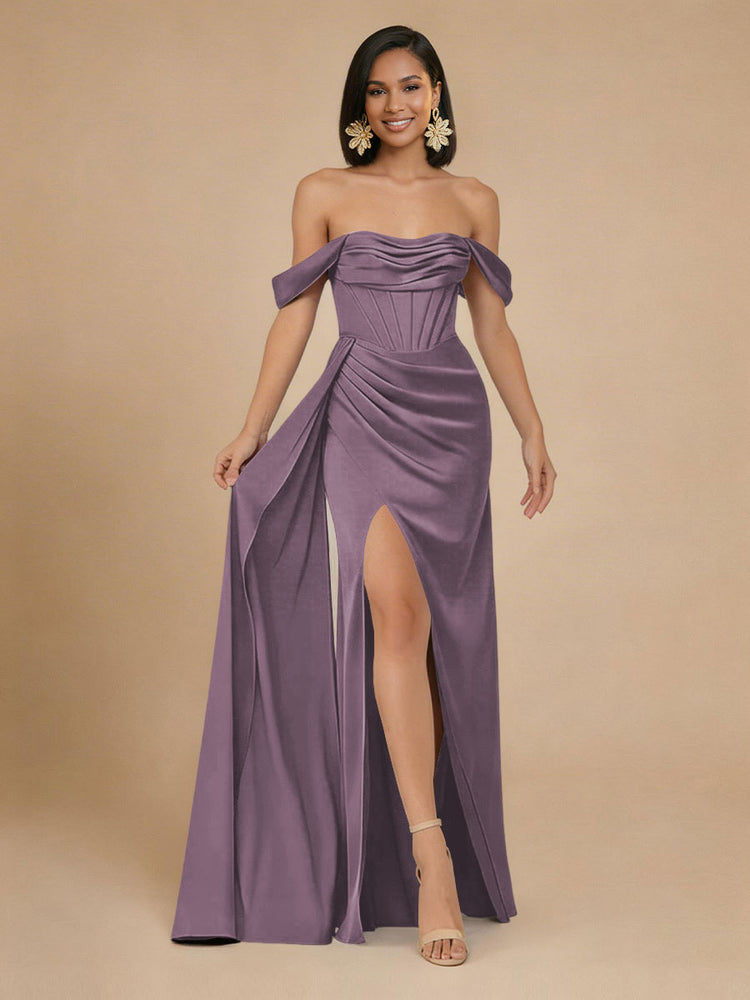 Satin Mermaid Off the Shoulder Long Bridesmaid Dresses with Side Slit