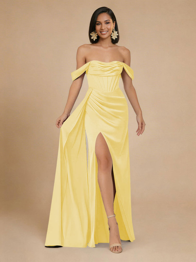 Satin Mermaid Off the Shoulder Long Bridesmaid Dresses with Side Slit