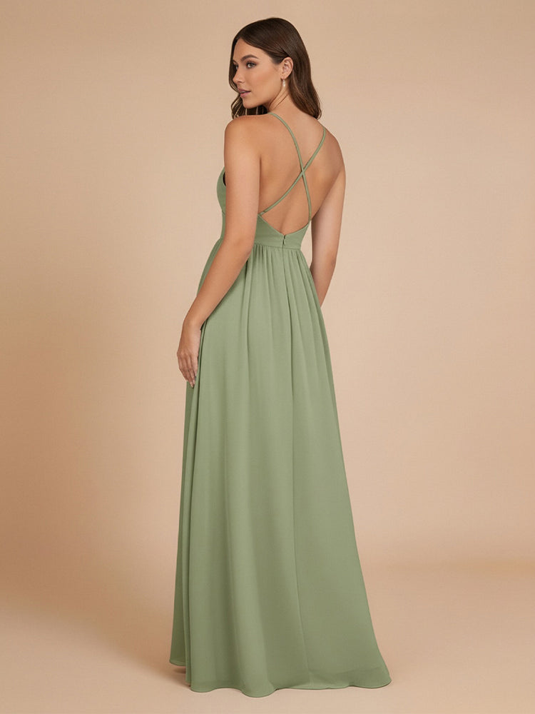 Chiffon A-Line Criss Cross Long Bridesmaid Dresses with Front Slit