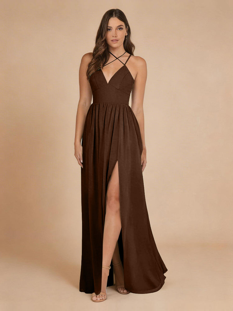 Chiffon A-Line Criss Cross Long Bridesmaid Dresses with Front Slit