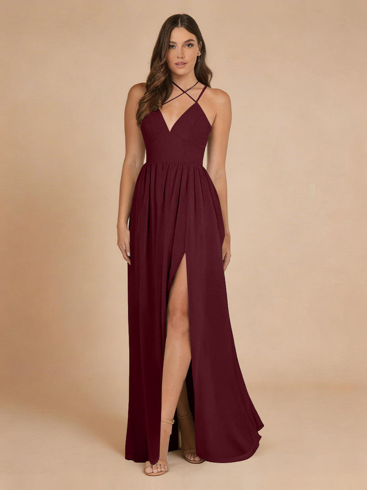 Chiffon A-Line Criss Cross Long Bridesmaid Dresses with Front Slit