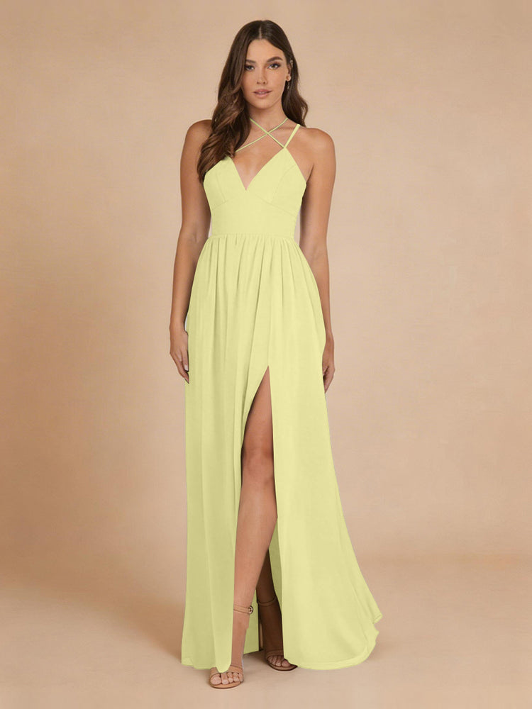 Chiffon A-Line Criss Cross Long Bridesmaid Dresses with Front Slit