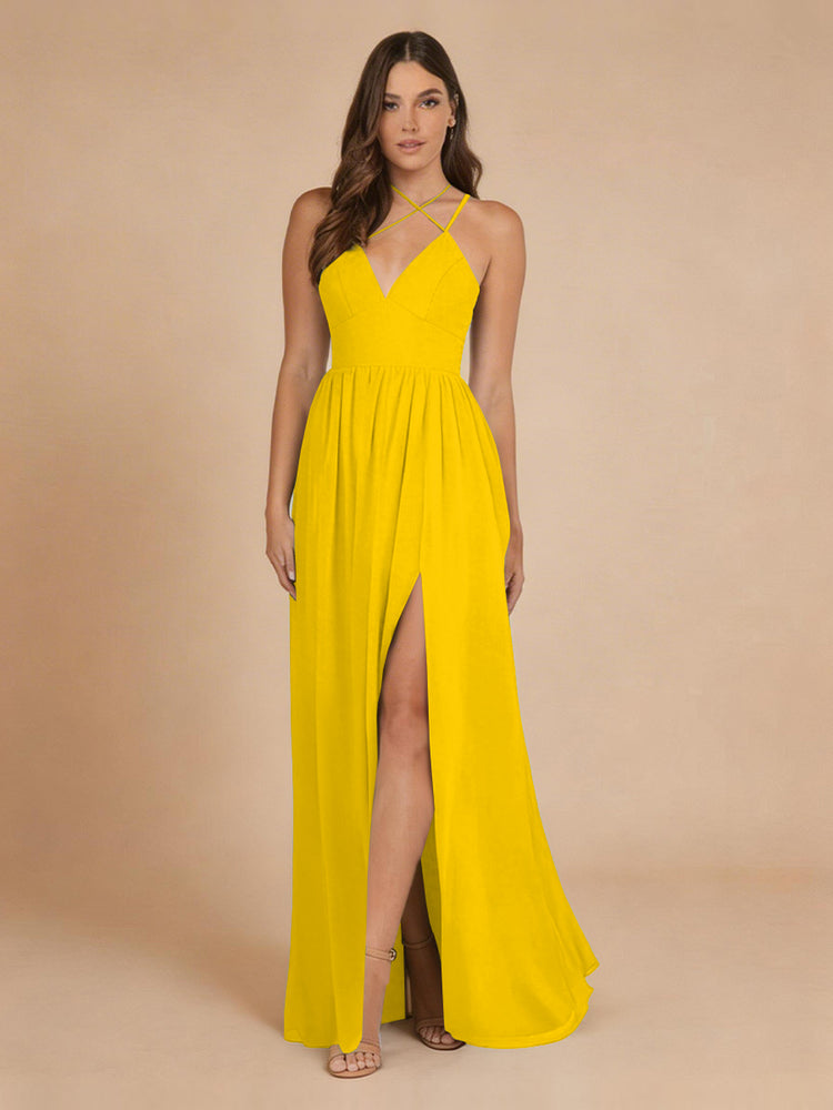 Chiffon A-Line Criss Cross Long Bridesmaid Dresses with Front Slit