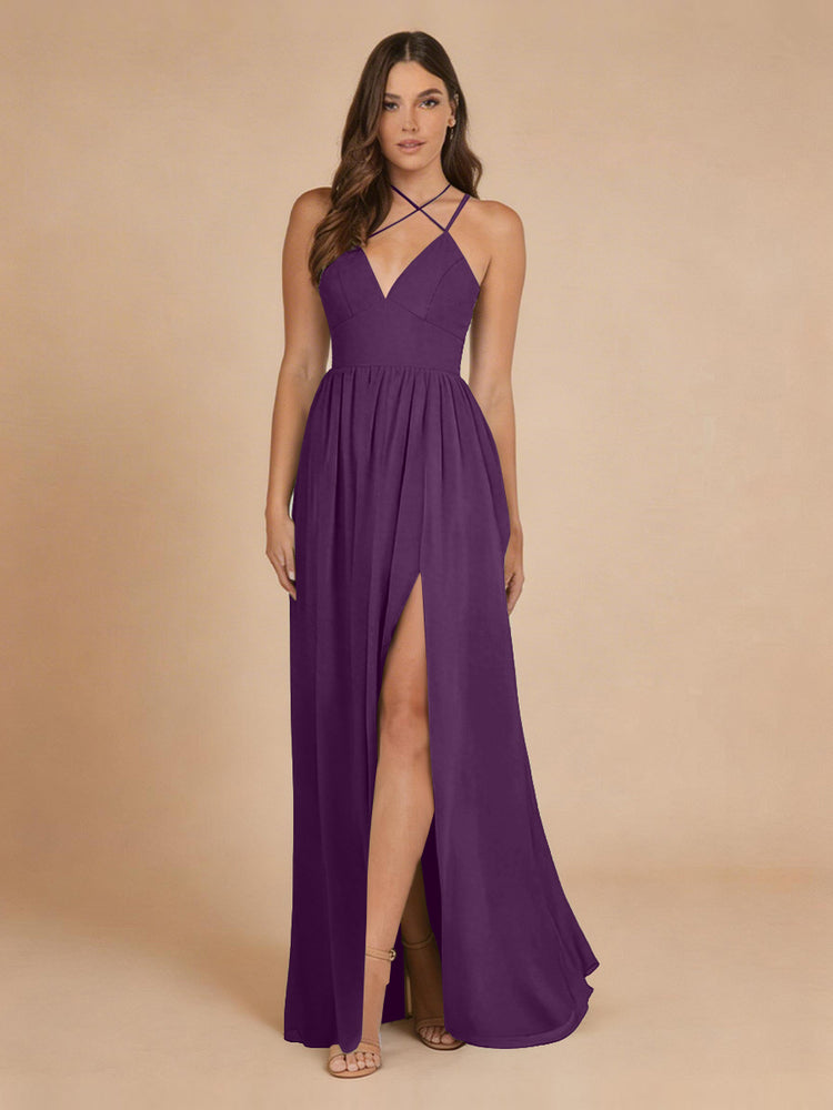 Chiffon A-Line Criss Cross Long Bridesmaid Dresses with Front Slit