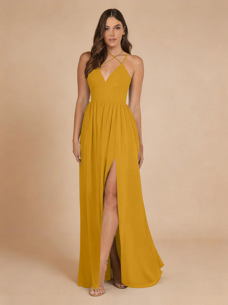 Chiffon A-Line Criss Cross Long Bridesmaid Dresses with Front Slit