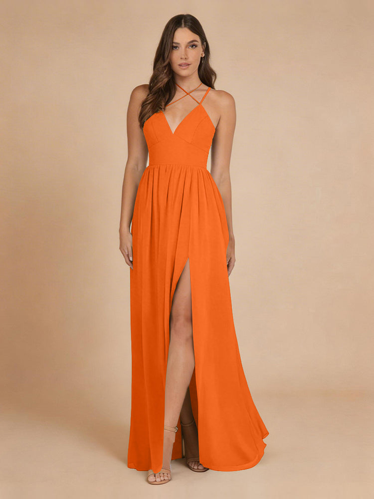 Chiffon A-Line Criss Cross Long Bridesmaid Dresses with Front Slit