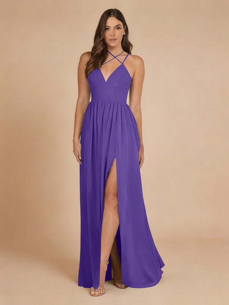 Chiffon A-Line Criss Cross Long Bridesmaid Dresses with Front Slit