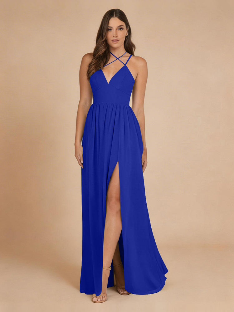 Chiffon A-Line Criss Cross Long Bridesmaid Dresses with Front Slit
