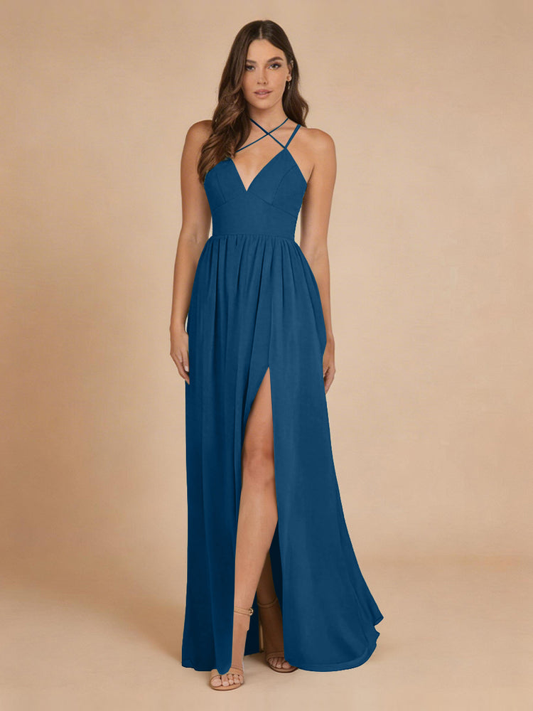 Chiffon A-Line Criss Cross Long Bridesmaid Dresses with Front Slit
