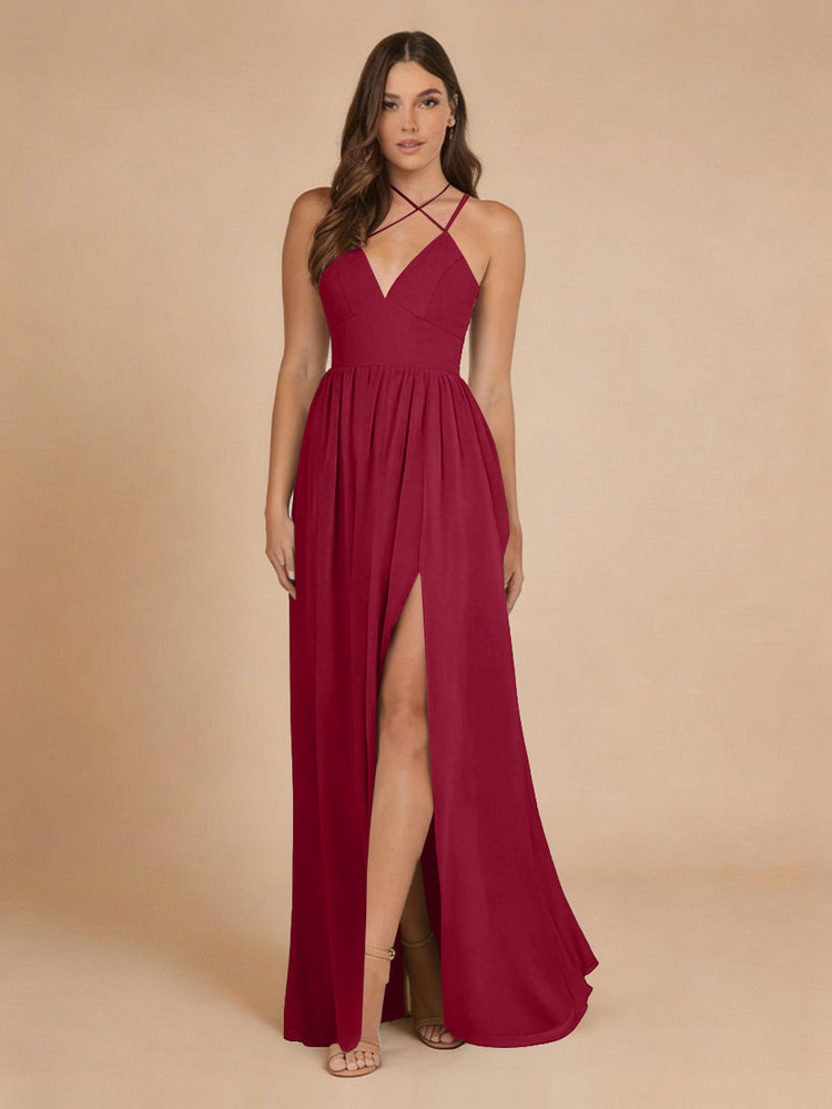 Chiffon A-Line Criss Cross Long Bridesmaid Dresses with Front Slit