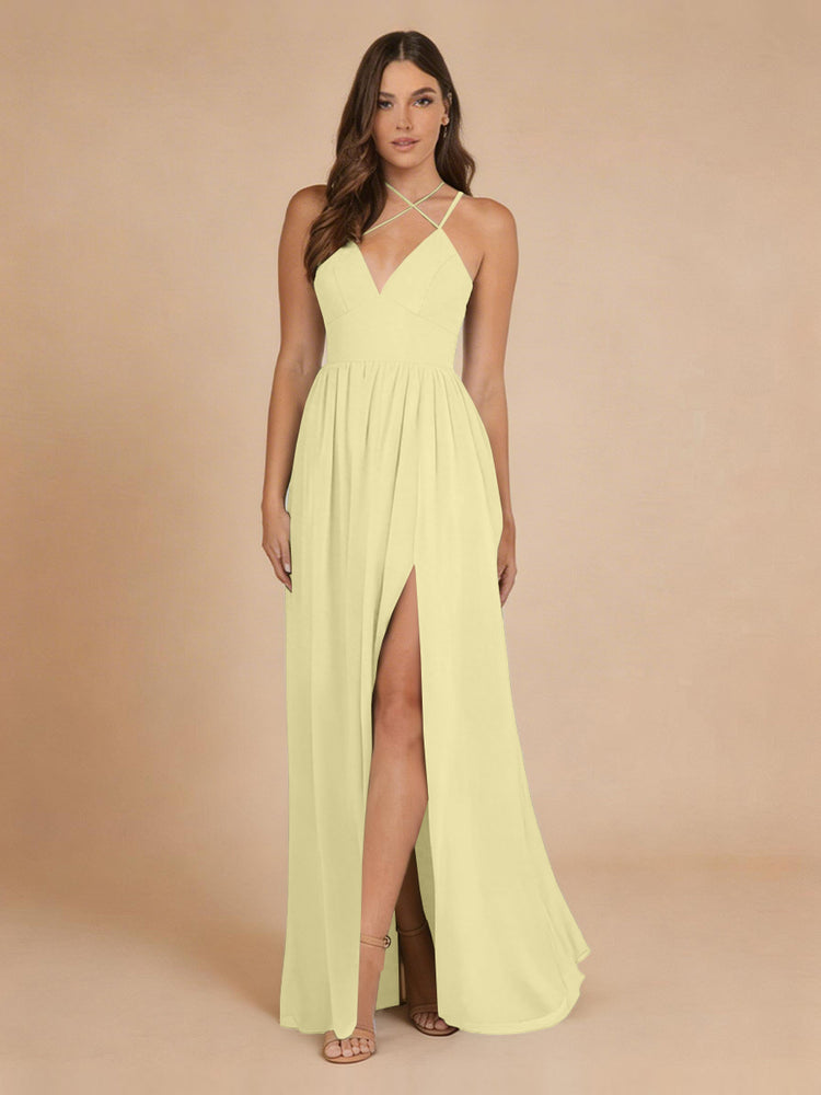 Chiffon A-Line Criss Cross Long Bridesmaid Dresses with Front Slit