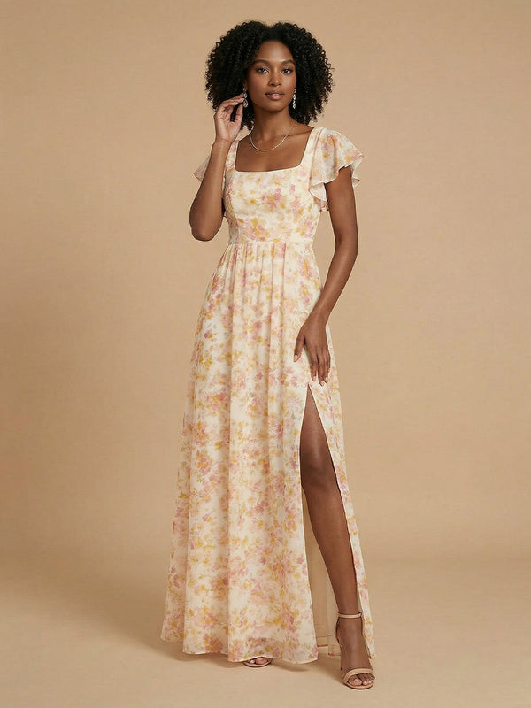 Chiffon Floral A-Line Square Neck Long Bridesmaid Dresses with Slit