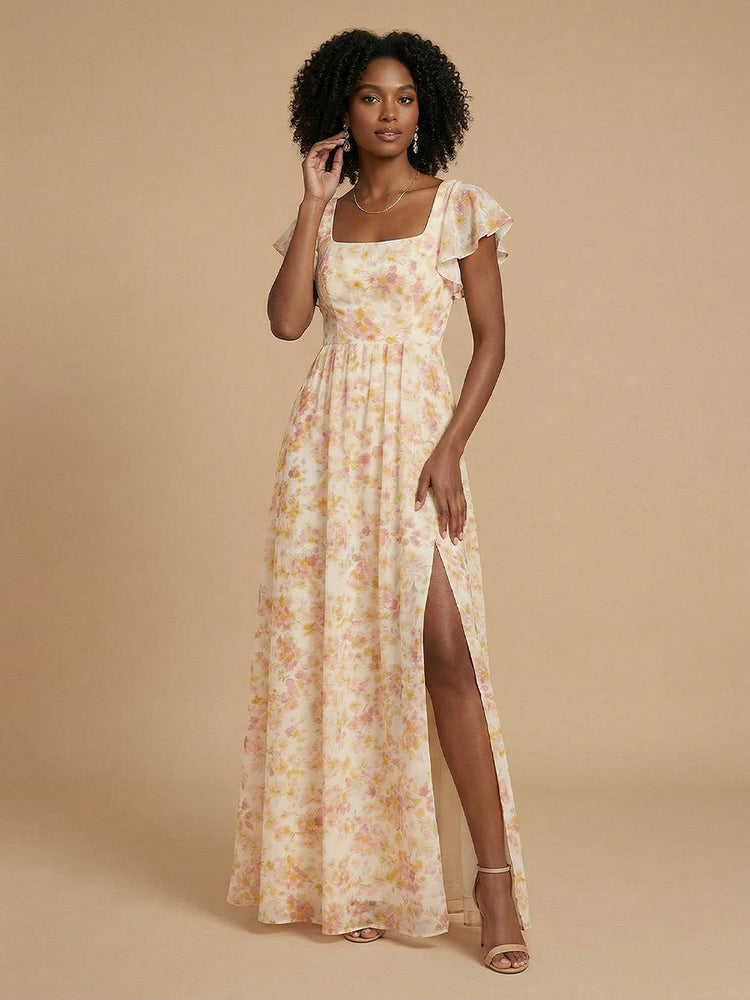 Chiffon Floral A-Line Square Neck Long Bridesmaid Dresses with Slit
