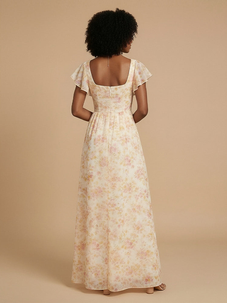 Chiffon Floral A-Line Square Neck Long Bridesmaid Dresses with Slit