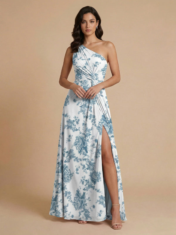 Chiffon Floral A-Line One Shoulder Long Bridesmaid Dresses with Slit