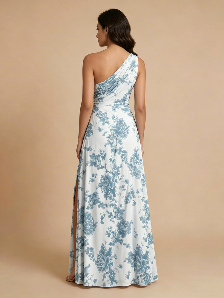Chiffon Floral A-Line One Shoulder Long Bridesmaid Dresses with Slit