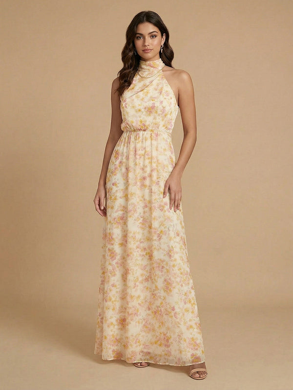 Chiffon Floral A-Line Halter Long Bridesmaid Dresses with Pleats