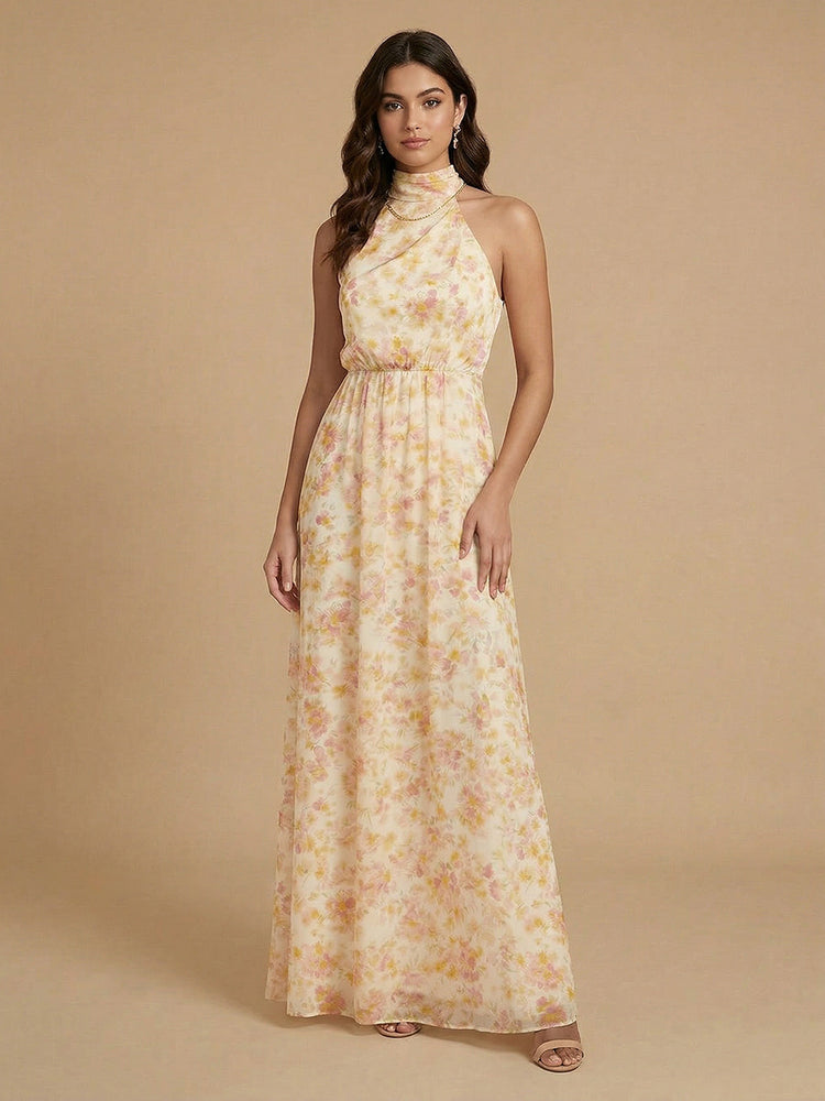 Chiffon Floral A-Line Halter Long Bridesmaid Dresses with Pleats