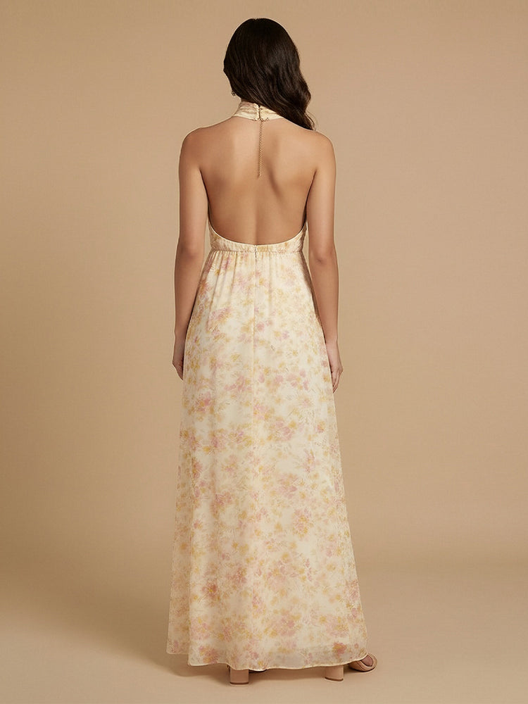 Chiffon Floral A-Line Halter Long Bridesmaid Dresses with Pleats