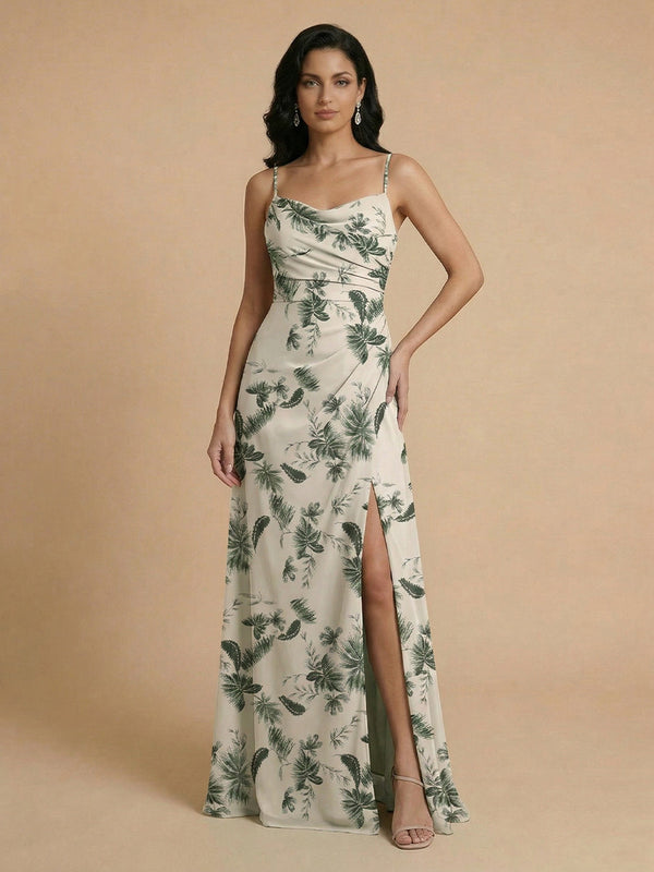 Chiffon Floral Mermaid Cowl Neck Long Bridesmaid Dresses with Slit