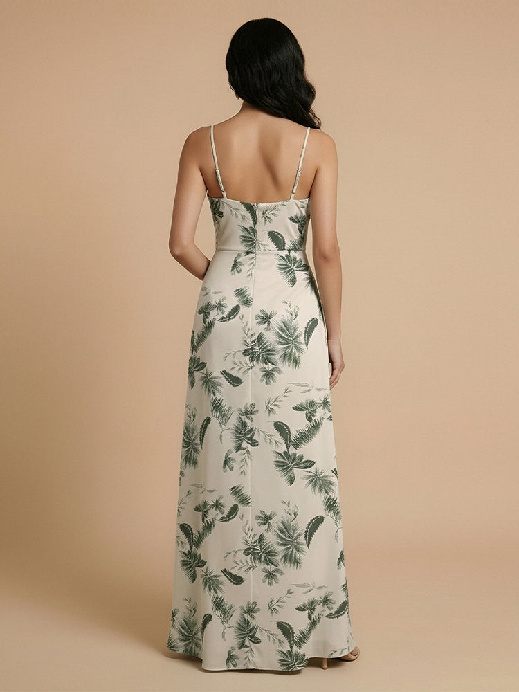 Chiffon Floral Mermaid Cowl Neck Long Bridesmaid Dresses with Slit