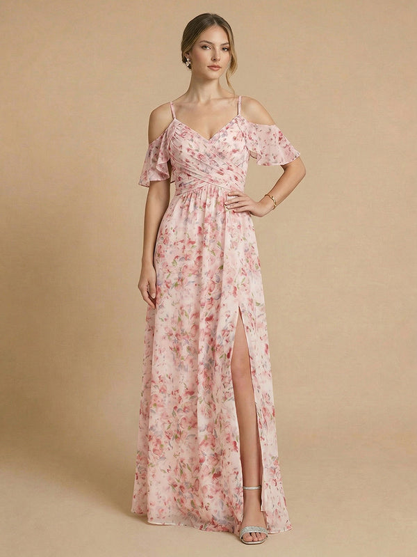 Chiffon Floral A-Line V Neck Long Bridesmaid Dresses with Side Slit