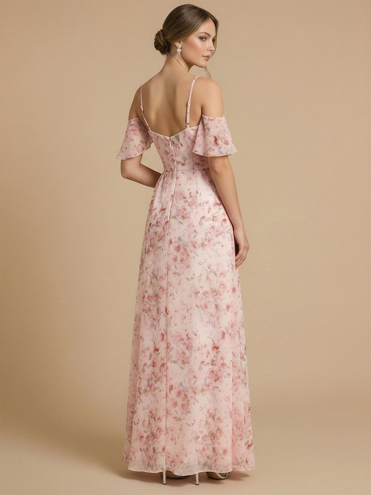 Chiffon Floral A-Line V Neck Long Bridesmaid Dresses with Side Slit