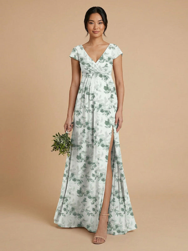 Chiffon Floral A-Line V Neck Long Bridesmaid Dresses with Slit