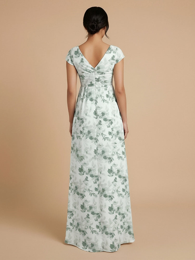 Chiffon Floral A-Line V Neck Long Bridesmaid Dresses with Slit