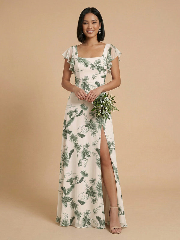 Chiffon Floral A-Line Square Neck Long Bridesmaid Dresses with Side Slit