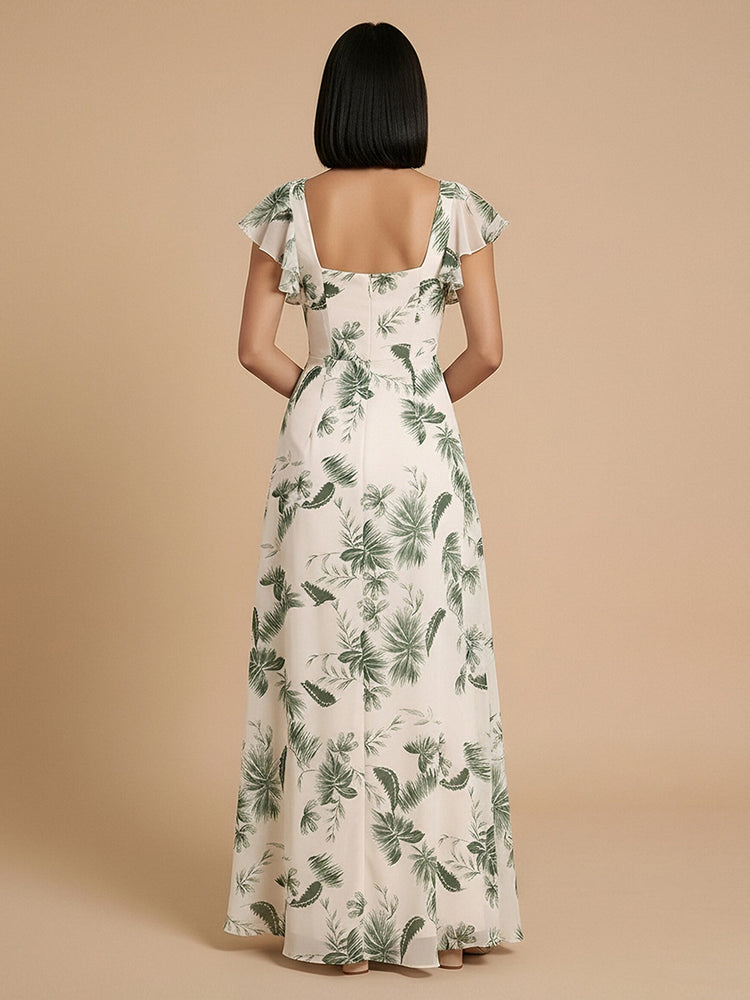 Chiffon Floral A-Line Square Neck Long Bridesmaid Dresses with Side Slit