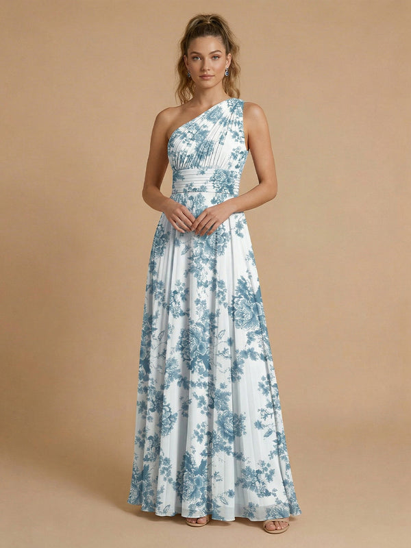 Chiffon Floral A-Line One Shoulder Long Bridesmaid Dresses with Pleats