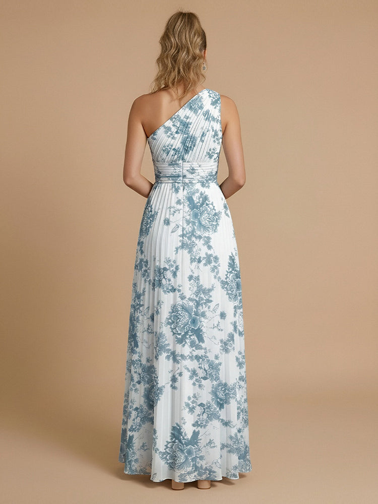 Chiffon Floral A-Line One Shoulder Long Bridesmaid Dresses with Pleats