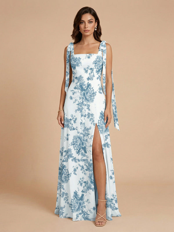 Floral A-Line Square Neck Long Bridesmaid Dresses with Side Slit