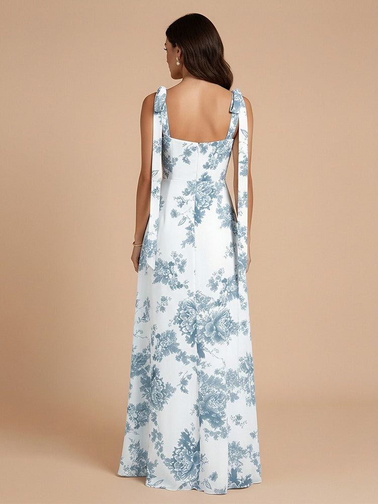 Floral A-Line Square Neck Long Bridesmaid Dresses with Side Slit