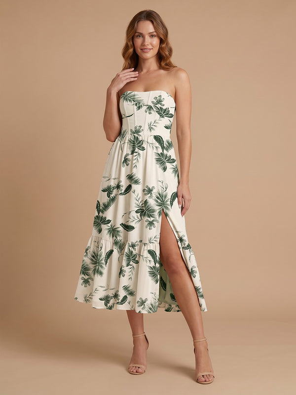 Floral A-Line Strapless Midi Bridesmaid Dresses with Side Slit