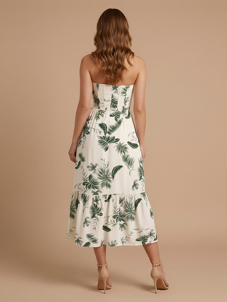 Floral A-Line Strapless Midi Bridesmaid Dresses with Side Slit