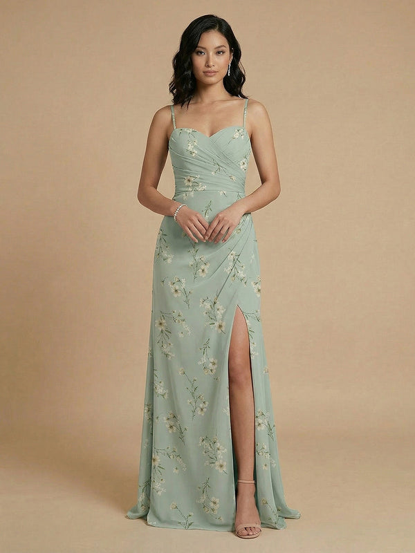 Chiffon Floral A-Line Spaghetti Straps Long Bridesmaid Dresses with Front Slit