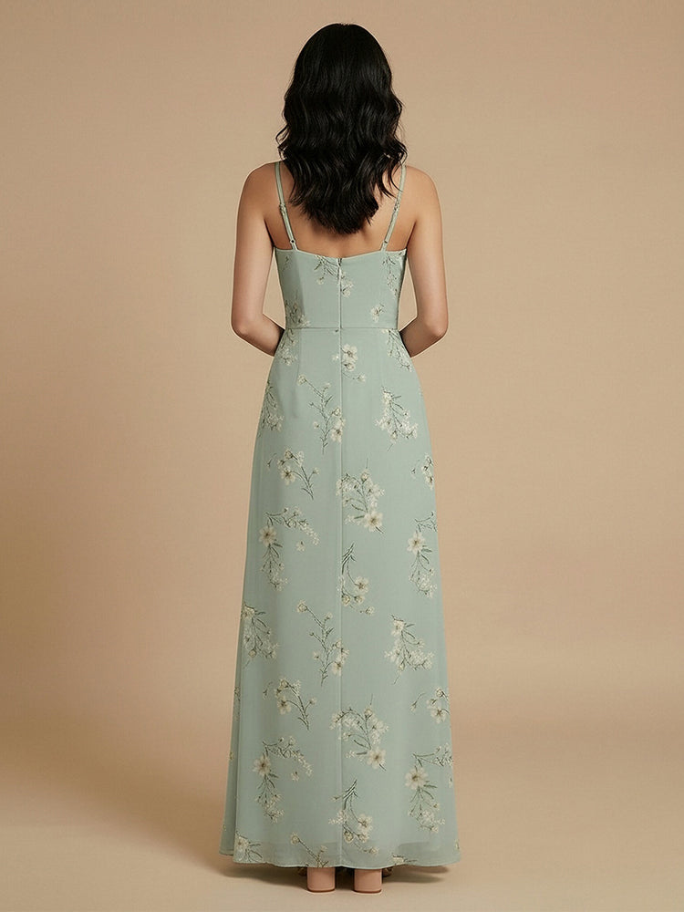 Chiffon Floral A-Line Spaghetti Straps Long Bridesmaid Dresses with Front Slit