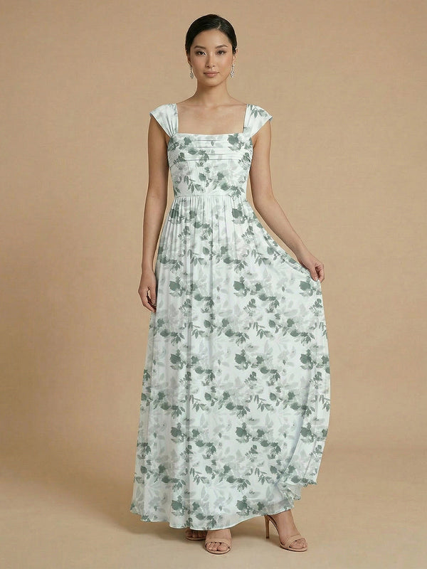 Chiffon Floral A-Line Square Neck Long Bridesmaid Dresses with Pleats
