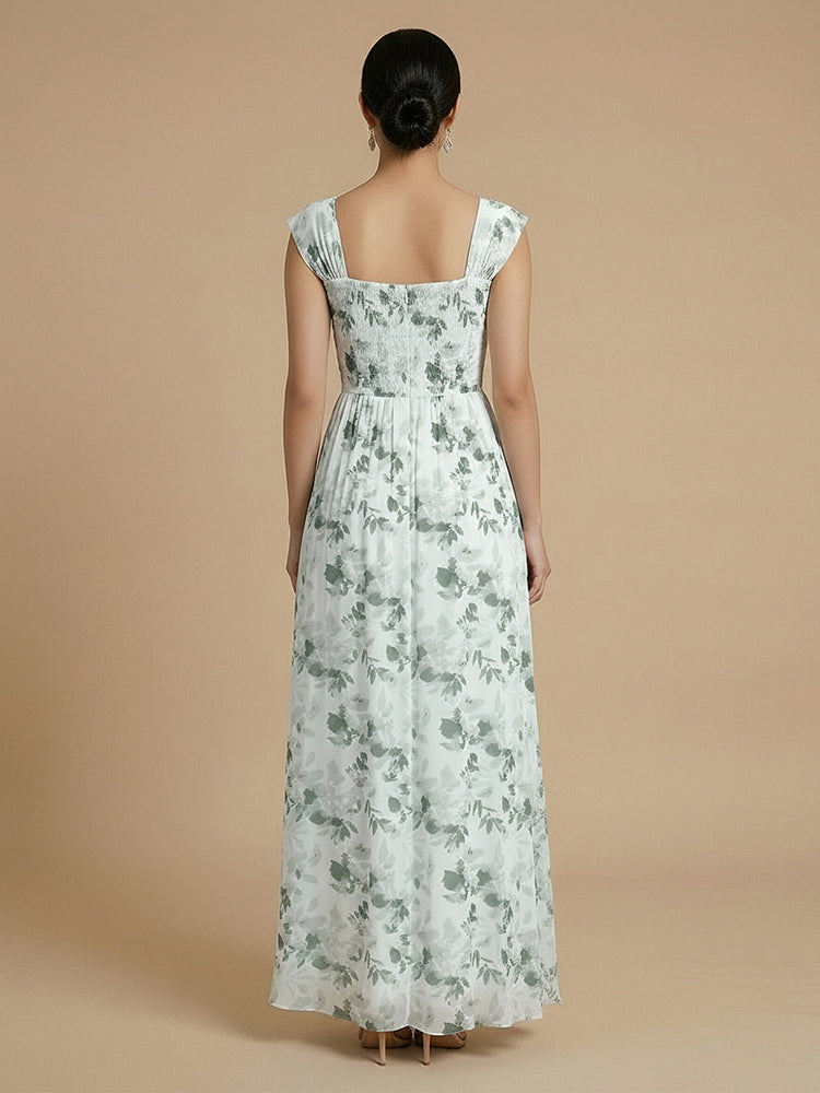 Chiffon Floral A-Line Square Neck Long Bridesmaid Dresses with Pleats