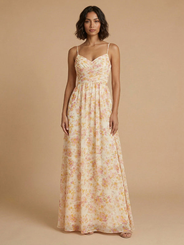 Chiffon Floral A-Line Spaghetti Straps Long Bridesmaid Dresses with Pleats