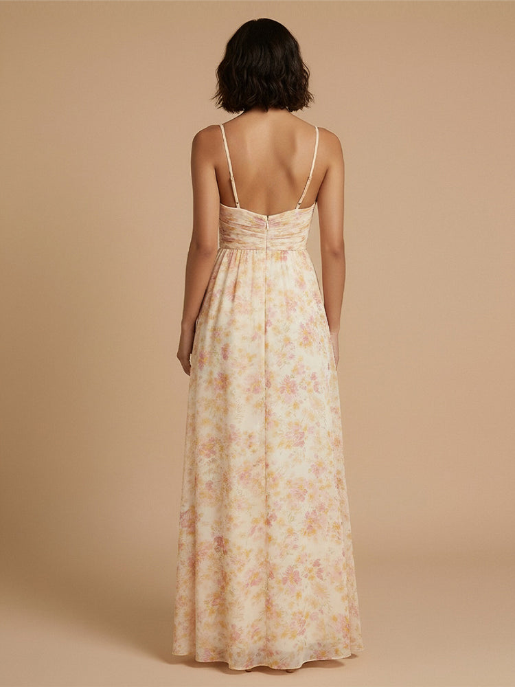 Chiffon Floral A-Line Spaghetti Straps Long Bridesmaid Dresses with Pleats
