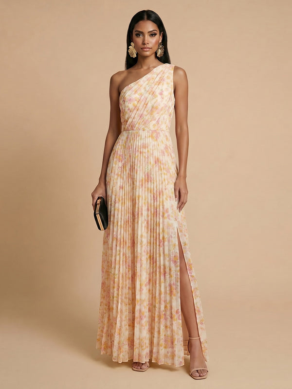 Chiffon Floral A-Line One Shoulder Long Bridesmaid Dresses with Slit