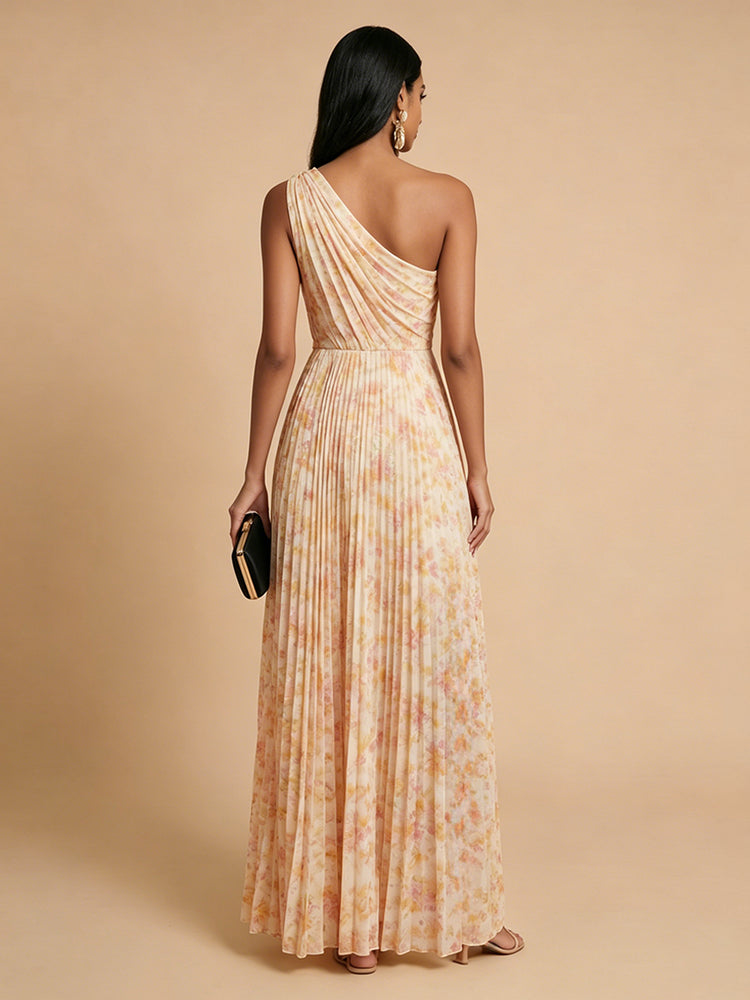Chiffon Floral A-Line One Shoulder Long Bridesmaid Dresses with Slit