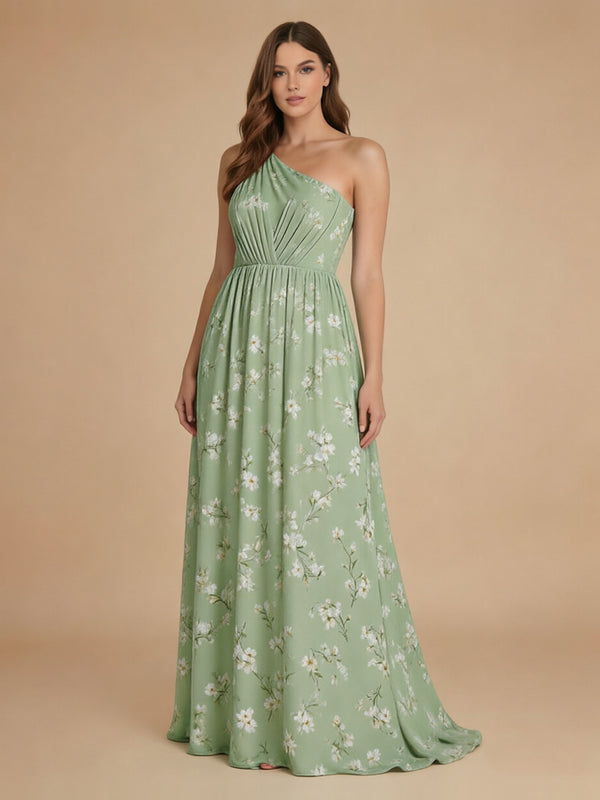 Satin A-Line One Shoulder Long Bridesmaid Dresses with Pleats